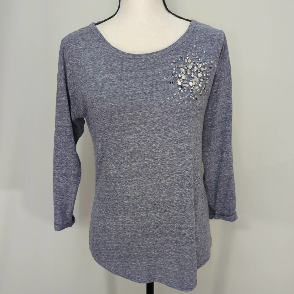 J.‎ Crew Womens Top 3/4 Sleeve Crystal Jeweled Cotton Blend Round Neck Gray S
